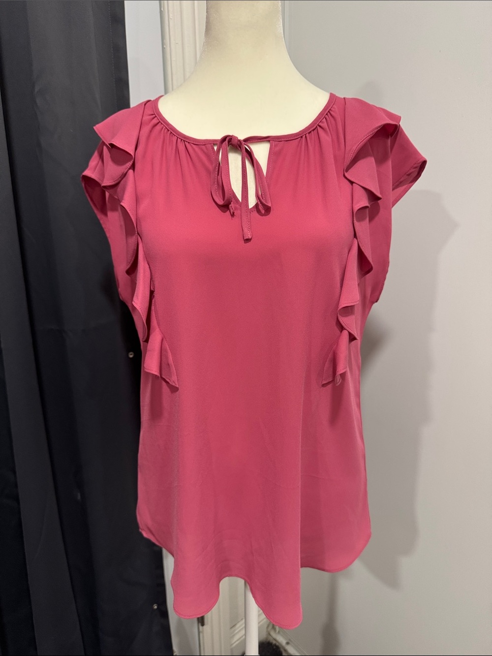 Express Women’s Pink Ruffle Tie-Neck Blouse